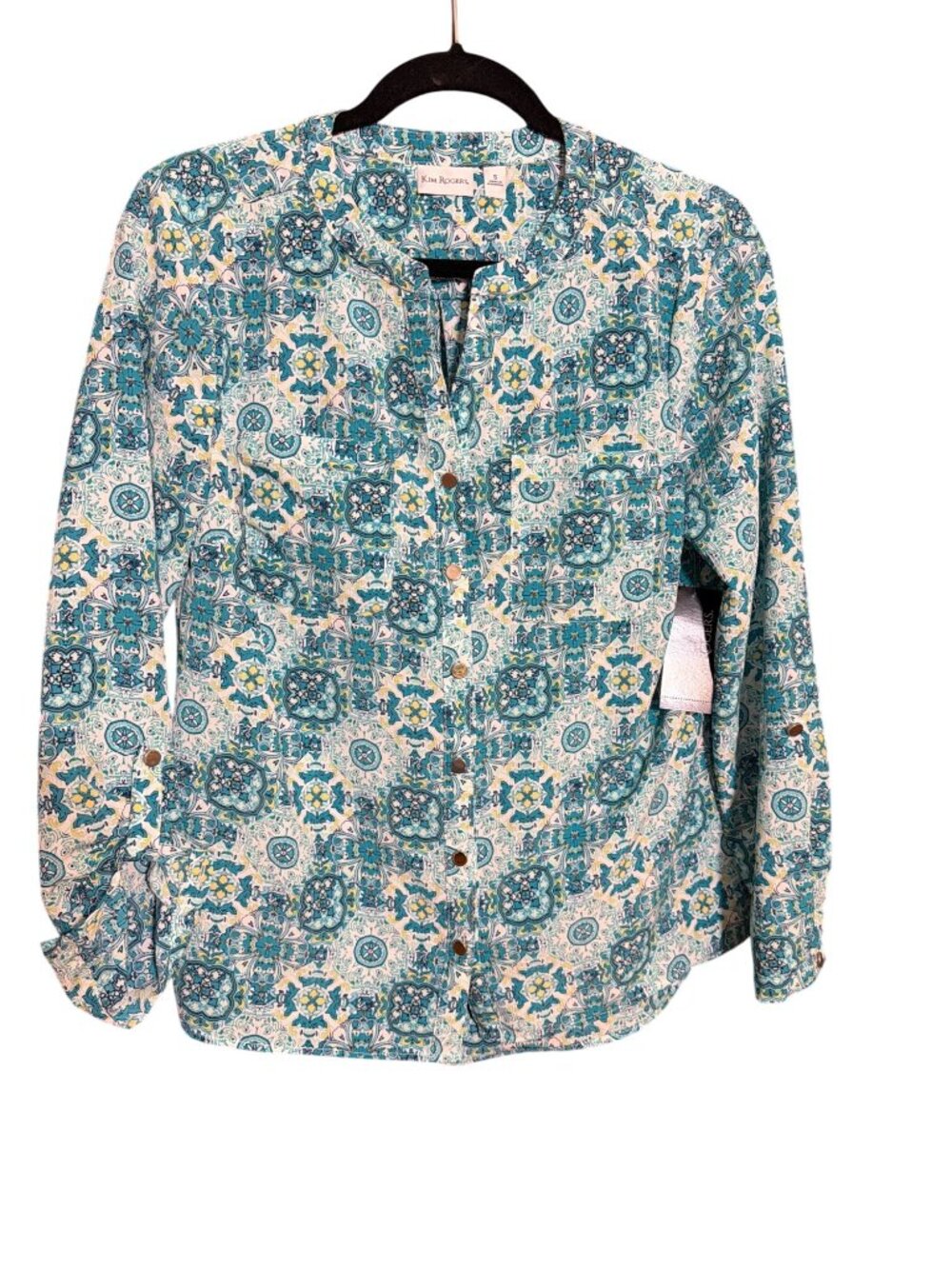 Kim Rogers Button Down Shirt Teal Yellow Medallion Long Tab Sleeves Size S NWT